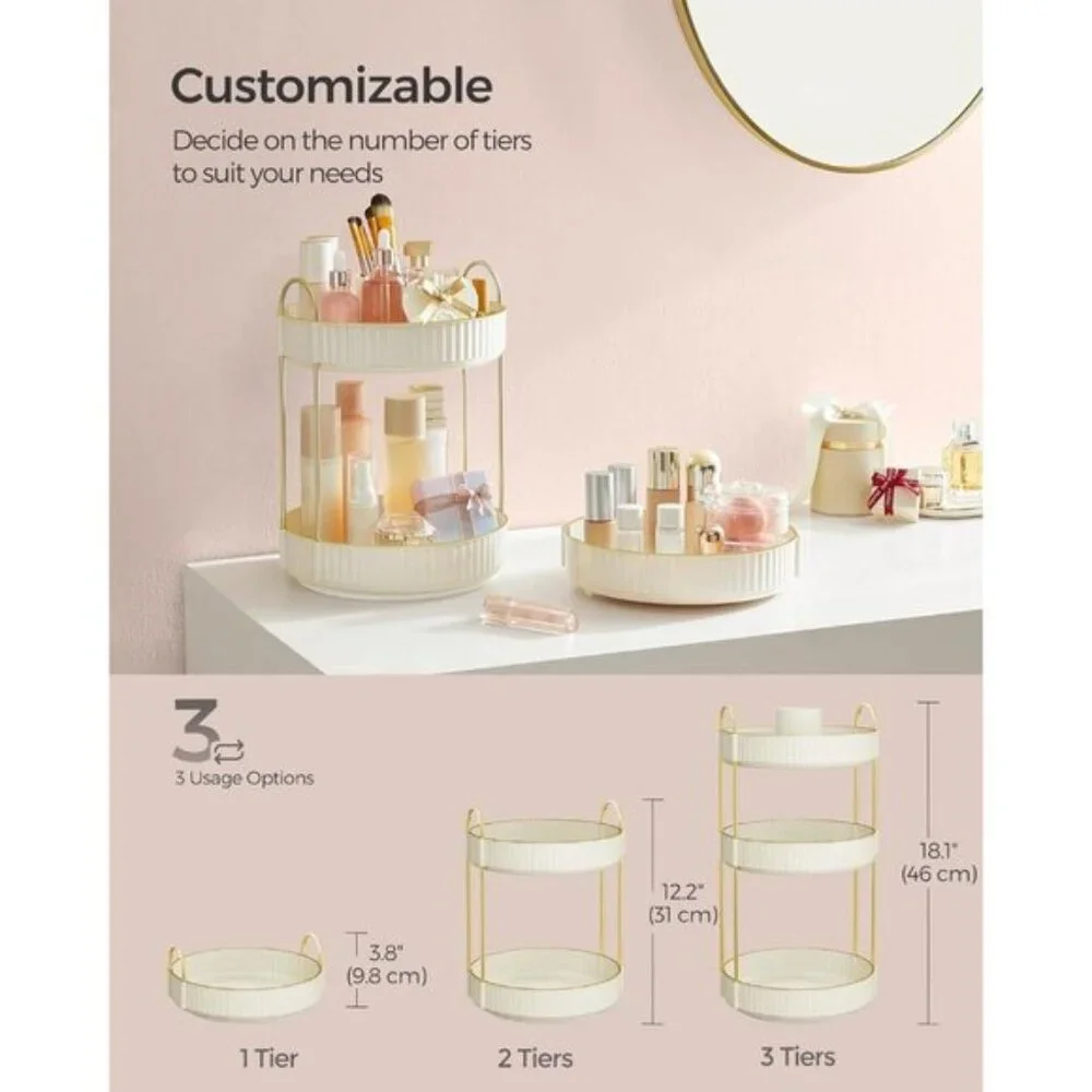 New 3-Tier Rotating Makeup Organizer, Customizable Lazy Susan in Cloud White